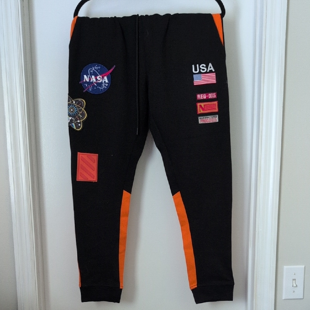 Hudson Jeans Black and Orange Jogger Sweatpants with NASA Patches